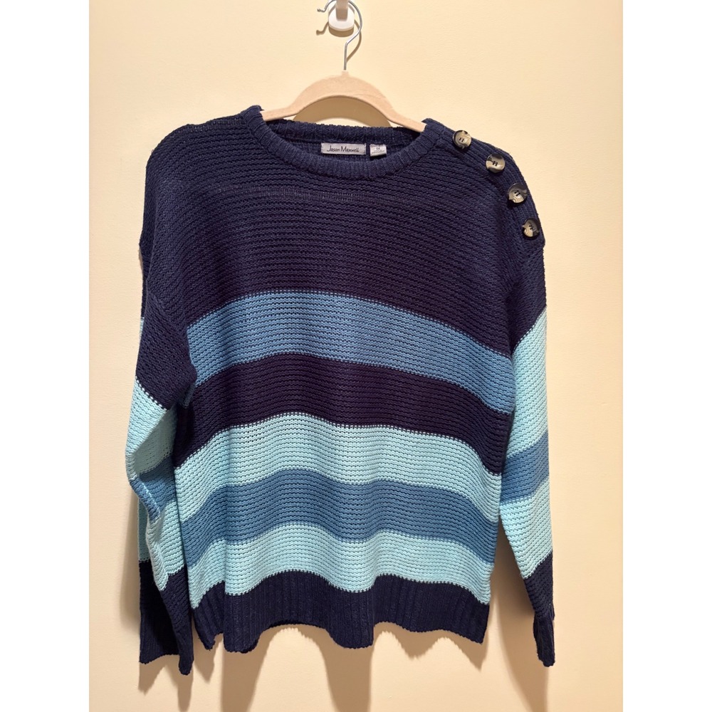 Jason Maxwell Womens 1X Blue Striped Button Shoulder Knit Sweater Crewneck